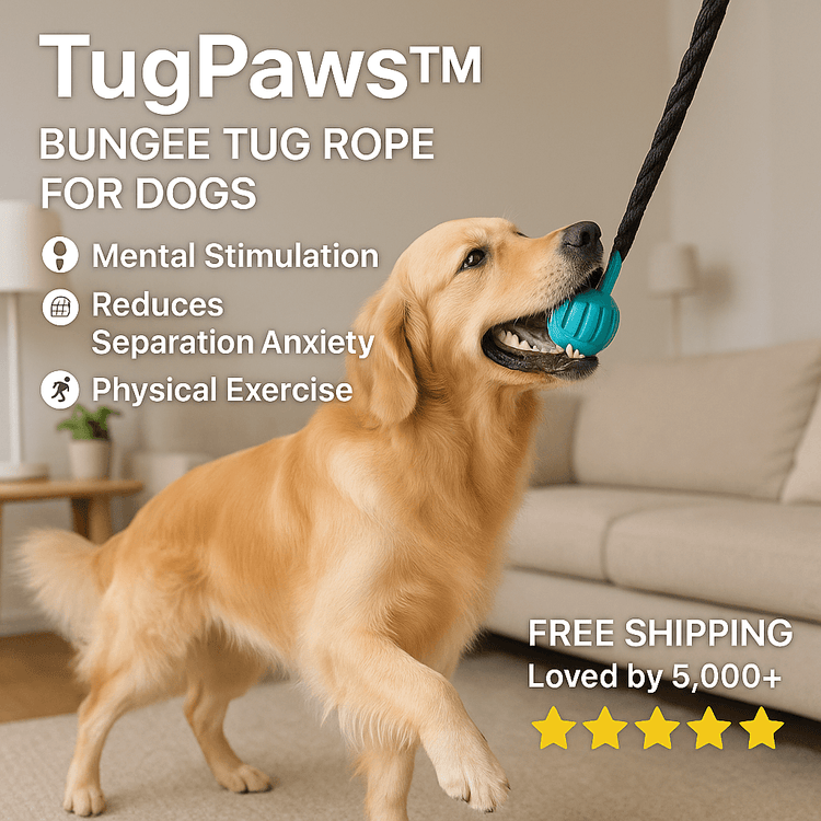 Golden retriever playing with TugPaws™ Bungee Tug Rope – Durable & Fun Interactive Dog Toy for mental stimulation and exercise indoors.