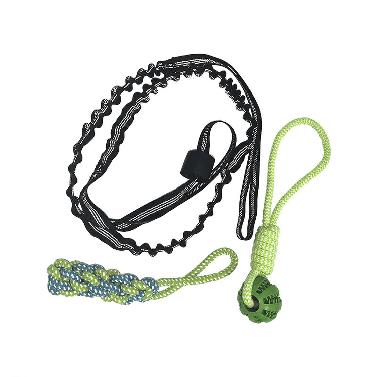TugPaws™ Bungee Tug Rope set with green ball and braided handle – Durable & Fun Interactive Dog Toy for long-lasting tug sessions.