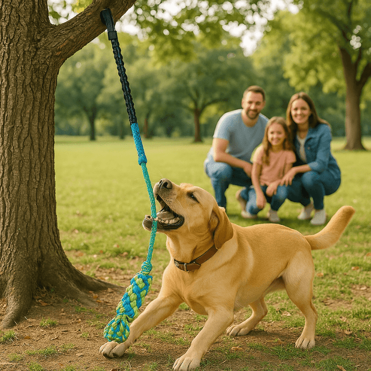 Labrador playing with TugPaws™ Bungee Tug Rope tied to a tree – Durable & Fun Interactive Dog Toy for outdoor tug-of-war fun.