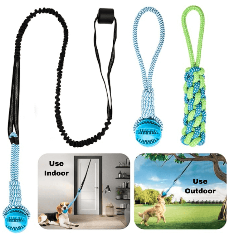 TugPaws™ Bungee Tug Rope shown for indoor and outdoor use – Durable & Fun Interactive Dog Toy for versatile play environments.
