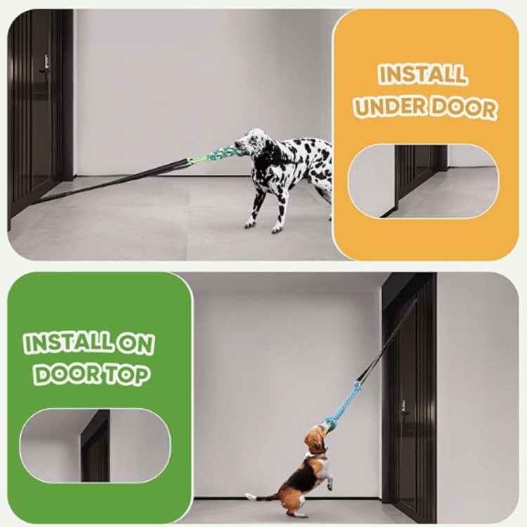 TugPaws™ Bungee Tug Rope installation options under and over door – Durable & Fun Interactive Dog Toy for flexible indoor setup.