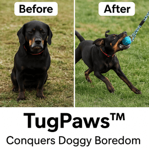Before and after images showing TugPaws™ Bungee Tug Rope – Durable & Fun Interactive Dog Toy reducing boredom in dogs.